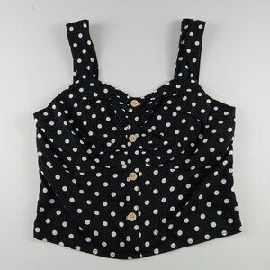 Monteau Smocked Crop Top Women's Size XL Black White Polka Dots Linen Blend